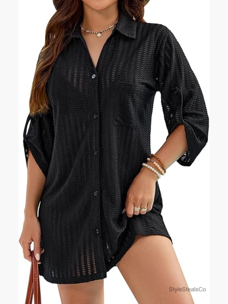 Women's 3/4 Sleeve Button Down Textured Beach Cover Up Shirt Dress Loose Fit
